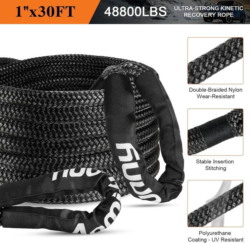 Aomifunny 1" x30ft Kinetic Recovery Tow Rope Kit, 48,800 lbs Break Strength, 35% Elasticity, with 2 Soft Shackles, Heavy Duty Tow Strap for Offroad Jeep, SUV, Truck, ATV, UTV, Tractor & 4x4 Vehicles - Image 2